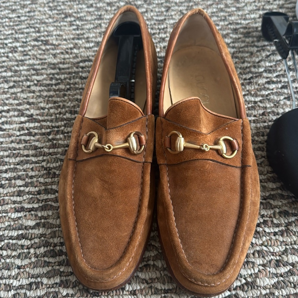 Gucci Brown Suede Loafers with Gold Hardware